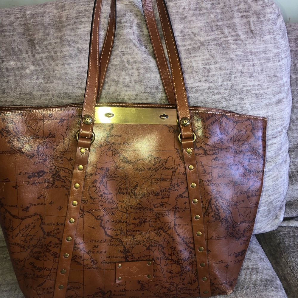 Patricia Nash Brown Map-Print Leather Tote